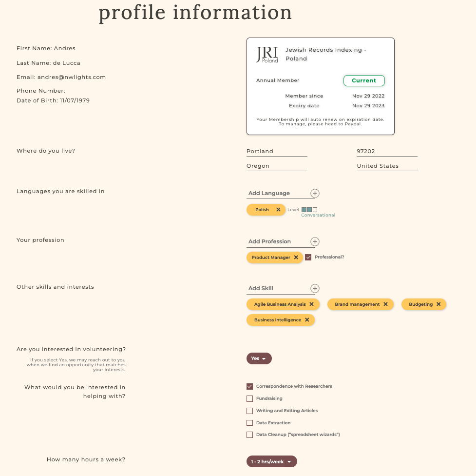 Profile information screenshot